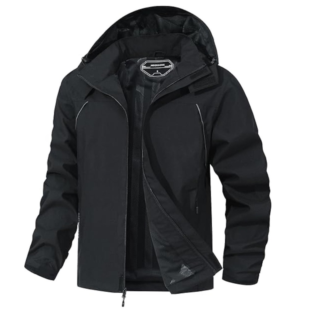 Moerdeng Men's Hooded Softshell Rain Jacket Black Gorpcore Travel Office Size M
